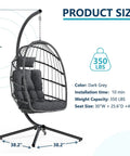 Outdoor Indoor Hanging Egg Chair With Stand Cushioned Swing Seat In Dark Grey Wicker Hammock For Patio Or Bedroom Weather Resistant PE
