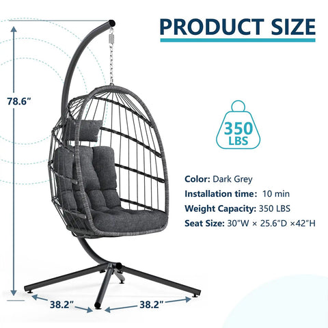 Outdoor Indoor Hanging Egg Chair With Stand Cushioned Swing Seat In Dark Grey Wicker Hammock For Patio Or Bedroom Weather Resistant PE