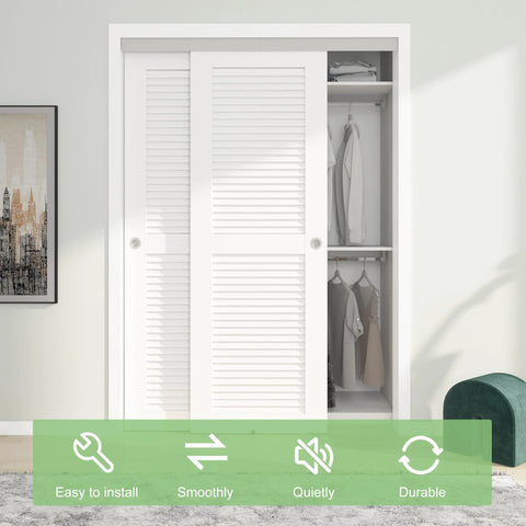 5 Foot 60 Inch Bypass Door Hardware Kit With Aluminum Double Closing Sliding Closet Doors, Finger Pull Included, Silver Finish