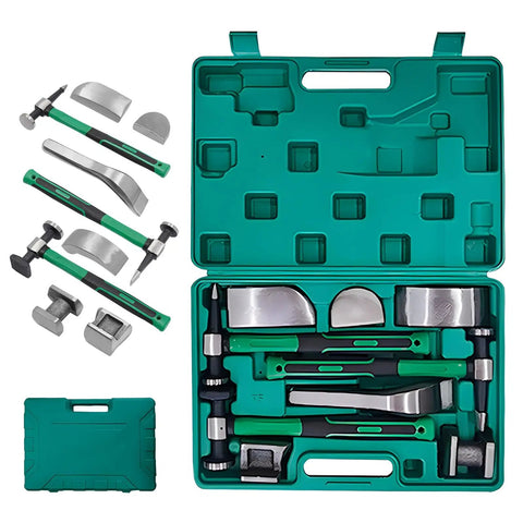 Paint Free Dent Repair Tools Kit For Auto Body With Ergonomic Non Slip Handles, green case open showing tools and portable case.