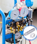 Close-up of a blue air compressor with gauges and a 5 Way 7 Port Aluminum Pneumatic Manifold Air Distribution Block with accessory tape.