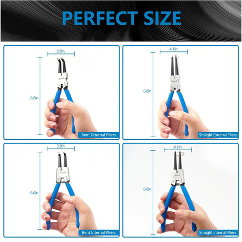 Four Pack CR-V Snap Ring Pliers Set Seven Inch Heavy Duty Internal And External Circlip Pliers With Straight And Bent Jaw in hand