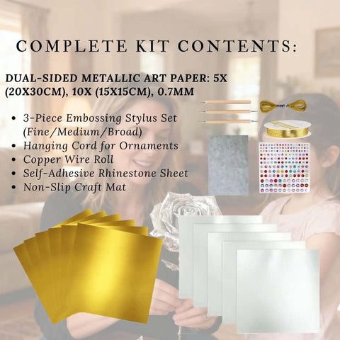 Gold Tin Foil Craft Kit With 15 Dual-Sided Aluminum Foil Sheets, tools, and accessories for crafting and DIY art projects
