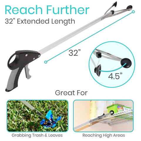 32 Inch Suction Cup Grabber Reacher 2 Pack Heavy Duty Pickup Tool For Seniors And Elderly Long Reach Extension Arm Claw For Trash Litter Cans Pinecones And More