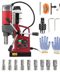 GarveeTech 1550W Magnetic Drill Press with accessories including bits, gloves, and adjustable handle for metal working projects.