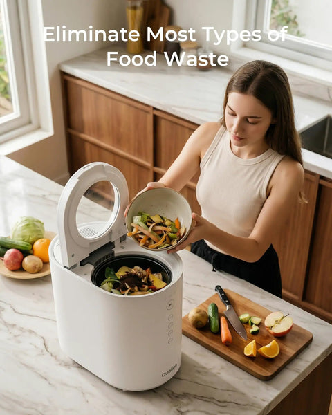 Woman using OK-255 Electric Kitchen Composter Turns Food Scraps Into Fertilizer, 5.5L Large Countertop Bin on kitchen counter.