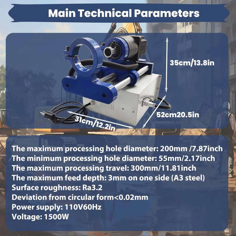 BREVELTION portable hole drilling machine, front view; blue metal frame, 55–200 mm bore, power cord.