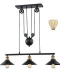 Three Light Pulley Pendant Light For Kitchen Island And Dining Room, Lit Industrial Farmhouse Chandelier, black ceiling fixture