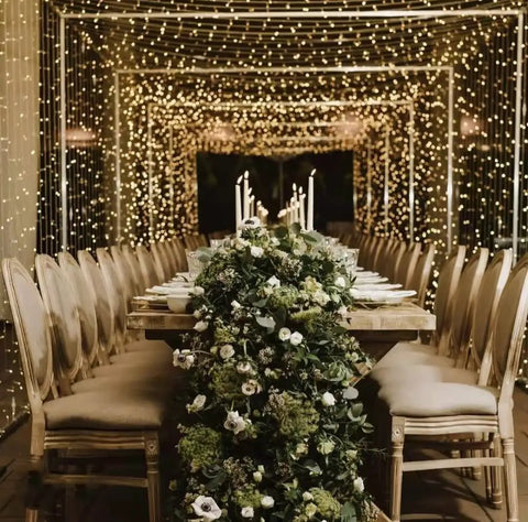 Extra Long 181 Foot 500 LED Christmas String Lights Indoor Outdoor With Clear Wire Warm White 8 Modes Plug In Fairy Lights decorating a dining area.