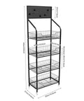 Heavy Duty 4 Tier Wire Shelving Storage Rack With Tough As Nails Metal Shelves And Raised Edge Baffles, black wire design with dimensions.