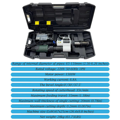 Handheld Electric Pipe Beveling Machine With Internal Expanding Chuck For No Sweat 220V Chamfering and Weld Prep, 1500W motor, in case.