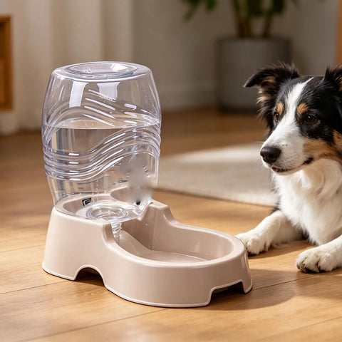 Set It And Forget It Gravity Pet Waterer Keeps Your Pooch Fully Hydrated With Large Capacity Plastic Bowl Featuring Non Slip Base And Whisper Quiet Auto Refill For Dogs And Cats In Beige next to a dog.