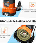 Real Heavy Lifter Submersible Sump Pump With Auto Float Switch 1 5 Hp Motor Shoving 5500 Gph, thermoplastic housing design and thermal protection.