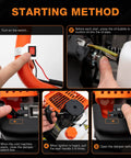 Gas Powered Post Hole Digger Beast with 52Cc engine starting instructions and images showing switches and oil pipe.