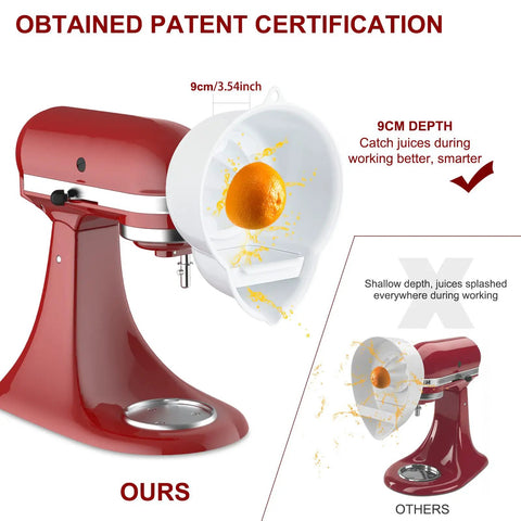 Stand Mixer Juicer Attachment With Two Size Reamers For Fresh Citrus Juice on a red mixer, showing orange being juiced with depth feature