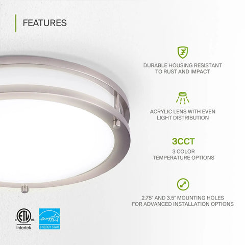 12 Inch Round LED Flush Mount Ceiling Light With 3 CCT Dimmable Settings, Low Profile Nickel Finish, 20W 1532 Lumens, side view