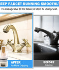 Heavy Duty Faucet Stem Assembly Kit For Two Handle Kitchen Bath And Tub Shower Universal Replacement Parts Quick Swap Design installed above, showing improved faucet without leaks.