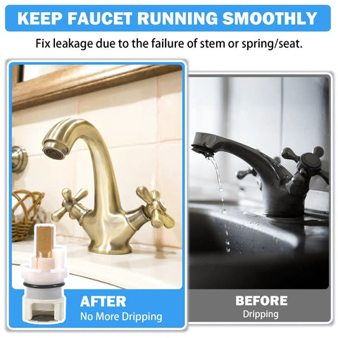 Heavy Duty Faucet Stem Assembly Kit For Two Handle Kitchen Bath And Tub Shower Universal Replacement Parts Quick Swap Design installed above, showing improved faucet without leaks.