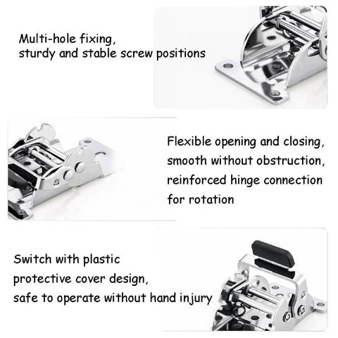 Rock Solid Self Locking Folding Hinges With 90 Degree Folding Leg Bracket Setup And Thick Steel Plates For Knockout Grit Plus No Nonsense Load Support In Classic Black, showing multi-hole fixing and flexible design.