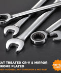 Close-up of Must Have Ratcheting Wrench Set 22-Piece Metric And SAE Chrome Vanadium, showing mirror chrome finish.