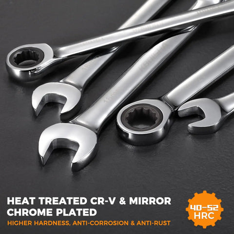 Close-up of 24 Piece Ratchet Wrench Set With 72-Tooth Ratcheting Wrenches, CR-V steel, showcasing heat treated mirror chrome plated finish.
