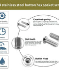 Diagram of 304 stainless steel button hex socket screws highlighting material, durability, and design features