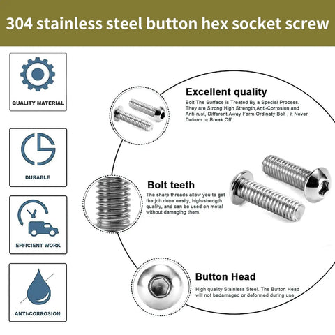 Diagram of 304 stainless steel button hex socket screws highlighting material, durability, and design features