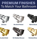 Solid Metal Handheld Shower Head Holder in various finishes, including Brushed Nickel, showing its universal fit design.