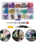 100 Piece Car Fuse Assortment Kit With Tester And Puller Tool For Standard Mini Low Profile Blade Fuses Auto Truck Boat Electrical Replacement And Repair shown in open box with fuses and tools.