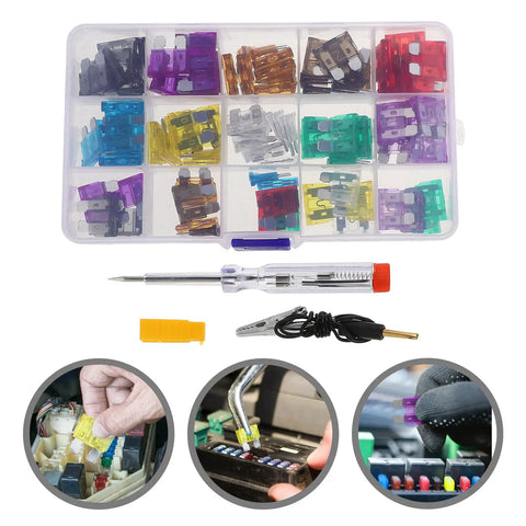 100 Piece Car Fuse Assortment Kit With Tester And Puller Tool For Standard Mini Low Profile Blade Fuses Auto Truck Boat Electrical Replacement And Repair shown in open box with fuses and tools.