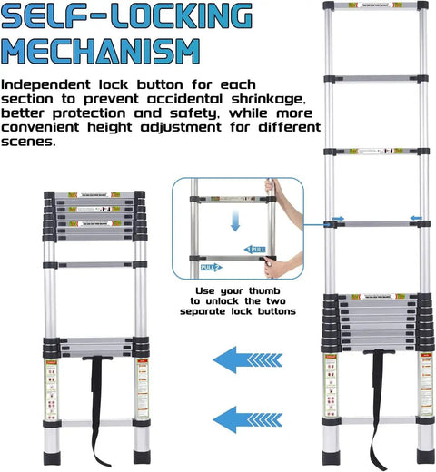 Beefy Telescoping Ladder 20.3 Ft Heavy Duty Aluminum With Non Slip Feet 330 Lb Capacity For Attic Roof RV And Multi Surface Use Portable Safe Durable Construction For Busy Home Or Workshop, self-locking mechanism shown
