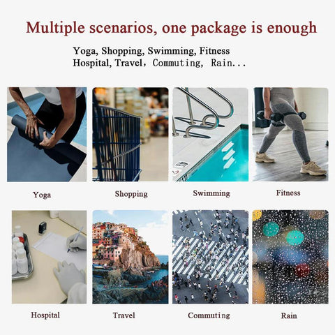 Collage of eight lifestyle scenes with captions Yoga, Shopping, Swimming, Fitness, Hospital, Travel, Commuting, Rain