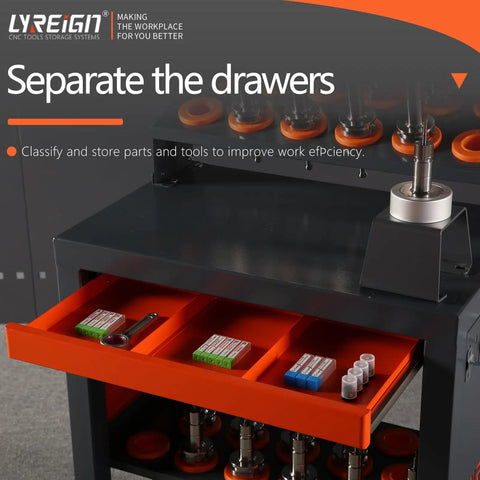 Cold Rolled Steel CNC Tool Holder Storage Organizer With Door, Built Tough Heavy Duty Rack For BT CAT HSK Capto Series Tools, Ideal For Warehouses And Machining Centers, open drawer with tool holders
