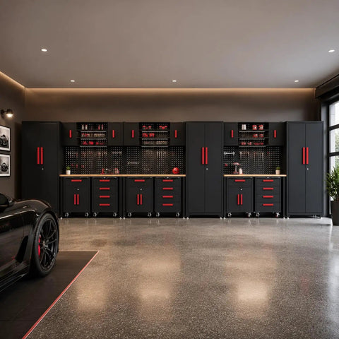 Top Shelf Heavy Duty Steel Garage Storage Cabinet System With Smooth Rolling Tool Chest And Secure Locking Drawers arranged in a garage setting.