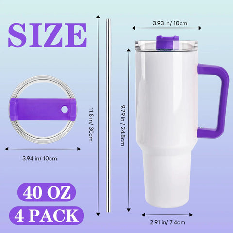 40 Oz Sublimation Tumbler Set With Handles Insulated Stainless Steel Travel Cups 4 Pack With Gift Boxes Includes Straw Splash Proof Lid Rubber Bottom DIY Craft Heat Press Blank For Custom Designs showing size