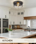 Oil Rubbed Bronze Farmhouse Flush Mount Ceiling Light With Seeded Glass Shade in a modern kitchen setting.