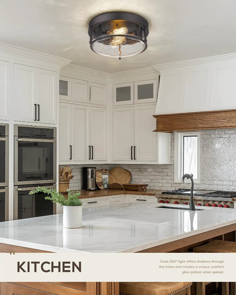 Oil Rubbed Bronze Farmhouse Flush Mount Ceiling Light With Seeded Glass Shade in a modern kitchen setting.