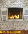 Ivory Flameless Pillar Candles Set of 9 With Remote Control Real Wax Look Tall Flickering LED Flames in a brick fireplace