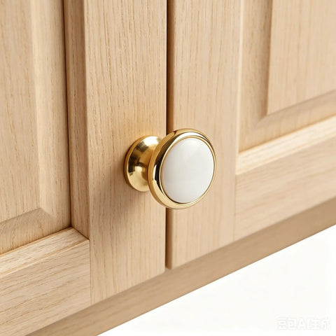 Slick Vintage White Ceramic Cabinet Knob Set Four Piece Single Hole Drawer Pulls Premium Zinc Alloy Base on wooden cabinet