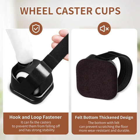 5 Pack Office Chair Wheel Stoppers Cushioned Caster Cups With Felt Bottom Pads For Hardwood Floors And Carpets To Prevent Scratches, Universal Fit For Most Chairs, Black, showing hook and loop fastener and felt bottom thickened design.