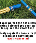 Three Pack Solid Brass 5/8 Inch Hose Repair Connectors With Stainless Steel Clamps attached to a blue garden hose on grass.