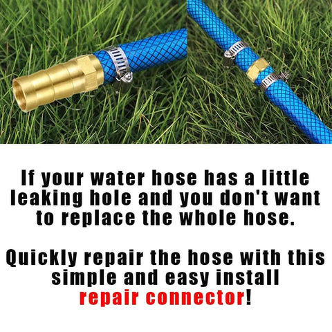 Three Pack Solid Brass 5/8 Inch Hose Repair Connectors With Stainless Steel Clamps attached to a blue garden hose on grass.