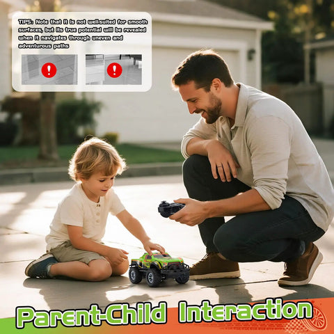 Father and son playing with Off Road Remote Control Truck 2.4GHz RC Car With LED Lights 1 to 20 Scale Monster Stunt Vehicle