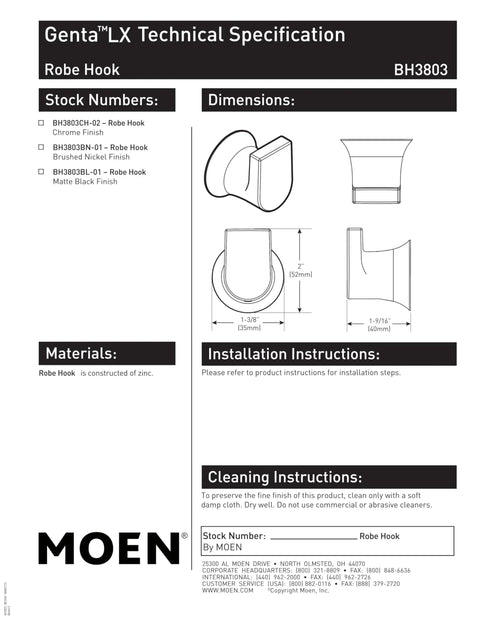 Technical specifications for Genta LX Modern Single Robe Hook And Towel Hanger In Matte Black, dimensions and materials listed.