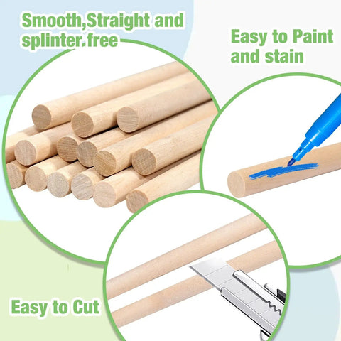 Solid Birch Wood Dowel Rods For Crafting, 3/8 X 12 Inch Unfinished Wooden Sticks, 10 Pack showing smooth, straight finish and cut. 