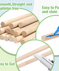 Hassle Free 25 Pack Wood Dowel Rods 3/8 Inch By 15 Inch Smooth Unfinished Craft Sticks for Macrame DIY, showcasing smooth texture and cutting.