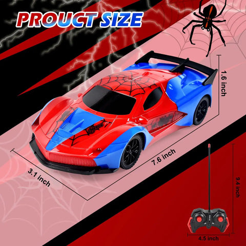 Spider Themed RC Car For Kids 3 Plus, colorful remote control car with spider design and size dimensions shown.