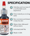 ScrewGrab Friction Gel For Stripped Screws, Quick Grip Anti Seize Formula That Reclaims Damaged Screw Heads, No Mess Application, Up To 800 Percent Grip, 0.5 Fl Oz bottle with specifications listed