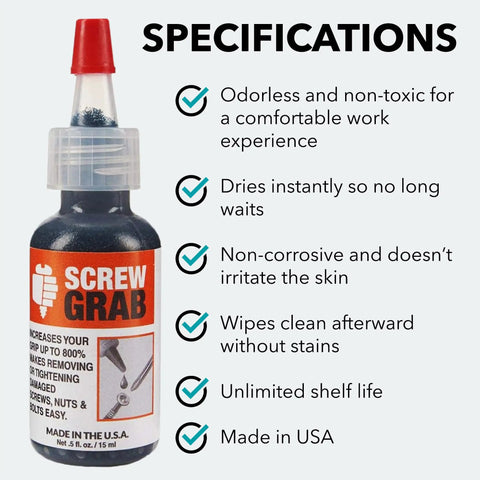 ScrewGrab Friction Gel For Stripped Screws, Quick Grip Anti Seize Formula That Reclaims Damaged Screw Heads, No Mess Application, Up To 800 Percent Grip, 0.5 Fl Oz bottle with specifications listed