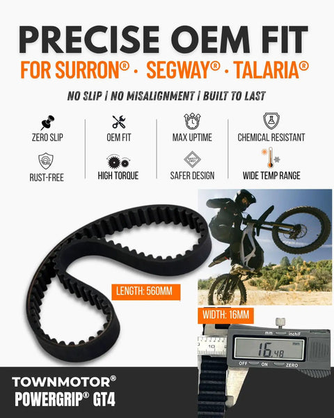 GT4 Power Grip Drive Belt 16mm Width For Sur Ron Light Bee Segway X260 X160 And Talaria XXX shown with precise fit details